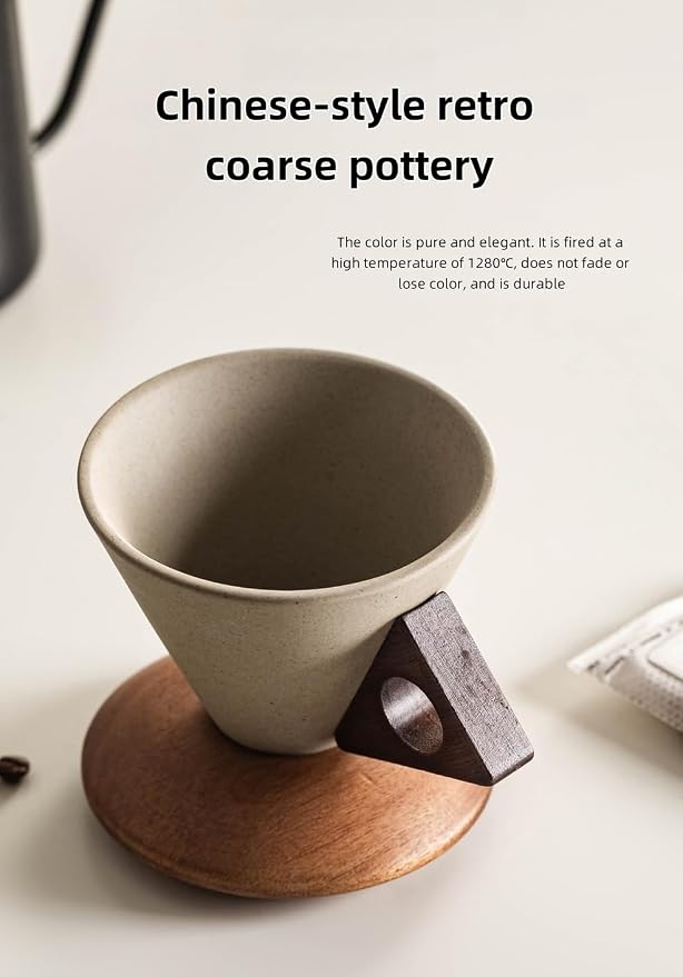 250ML- Retro ceramic coffee mug, Creative Cone coffee cup set for women elegant small- Solid wood handle and coaster - Suitable for home, restaurant, party and office use. (light brown handle)
