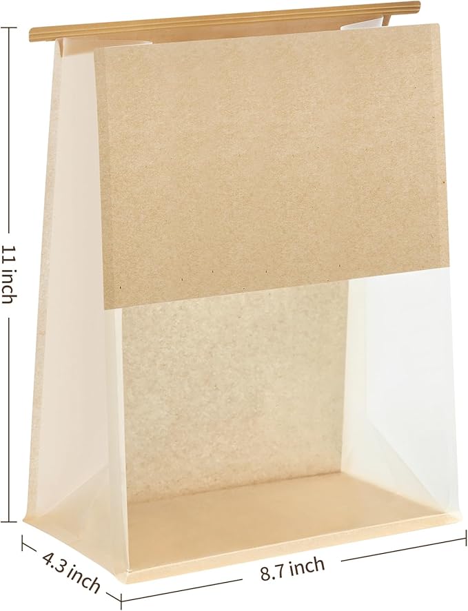 Ocmoiy 50Pcs Large Paper Bread Bags, Resealable Sourdough Bread Bags, Clear Front Tin Tie Tab Lock Bakery Storage Bag with Window Paper Treat Bag (8.7x4.3x11 Inch)