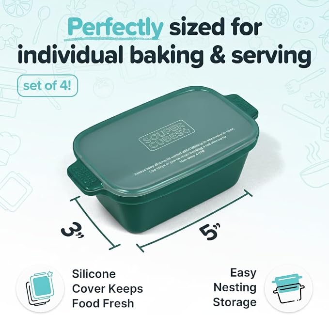 Souper Cubes Stoneware - Small Ceramic 5" x 3" Baking Dish with Silicone Covers, Small Baking Dishes for Oven Perfect for Reheating Single Serve Portions, Set of 4 - Kale