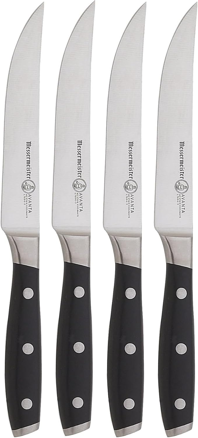 Messermeister Avanta 5” Fine Edge Steak Knife Set - German X50 Stainless Steel - Rust Resistant & Easy to Maintain - Includes 4 Steak Knives