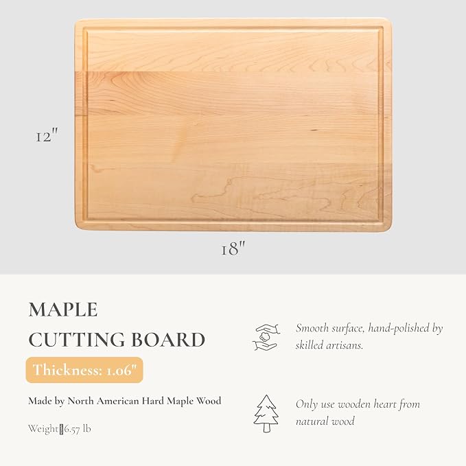 Vandroop Premium Hard Maple Cutting Board for Kitchen - 18"x12"x1.06" Reversible Wood Chopping Board with Juice Groove, Edge Grain Butcher Block