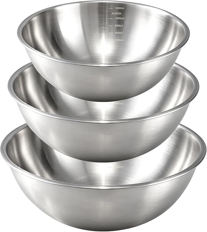 Gronivex 304 Stainless Steel Mixing Bowls, 3-Piece (1.5, 2.2 & 3.4 Qt) | Food-Grade Metal, Dishwasher safe，Stackable Nesting & Space-Saving – For Kitchen Baking, Salads, Meal Prep, RV & Camping