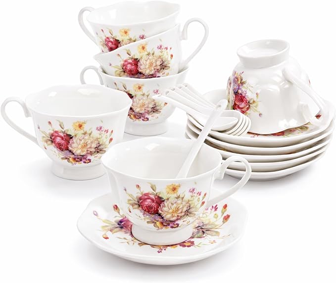 Foraineam Floral Tea Cup with Saucers and Spoons Set of 6 - Coffee Cups and Saucers with Gold Trim - 6 oz Porcelain Ivory Latte Cup and Espresso Mug for Coffee Drinks and Tea