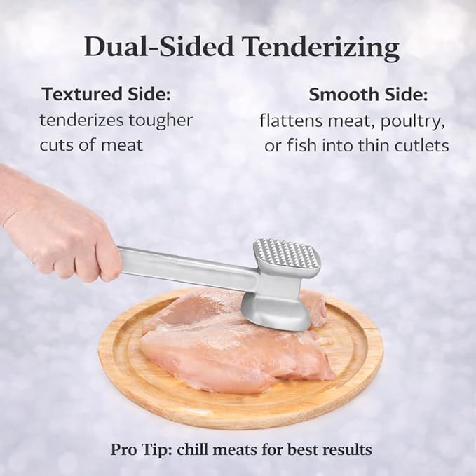 HIC Kitchen Non-Stick Dual-Sided Meat Tenderizer Mallet Marinating Prep Tool, Toothed And Plain Heads, Silicone-Coated, For Flattening Cutlets And Tenderizing Meat
