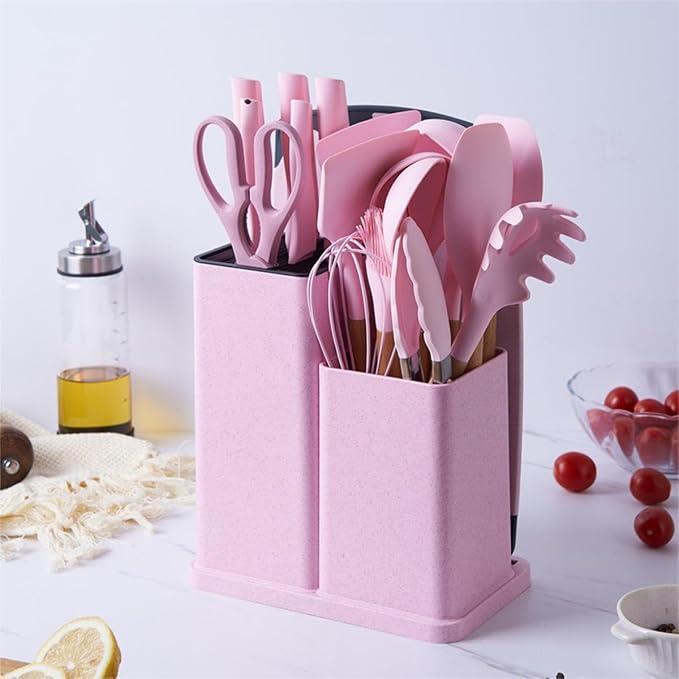 19 Pcs Kitchen Cooking Utensils and Knife Set with Block, with 11 Piece Silicone Cooking Utensils Set 5 Pcs Sharp Stainless Steel Chef Knives Scissors Whisk Tongs and Cutting Board (Cherry Pink)