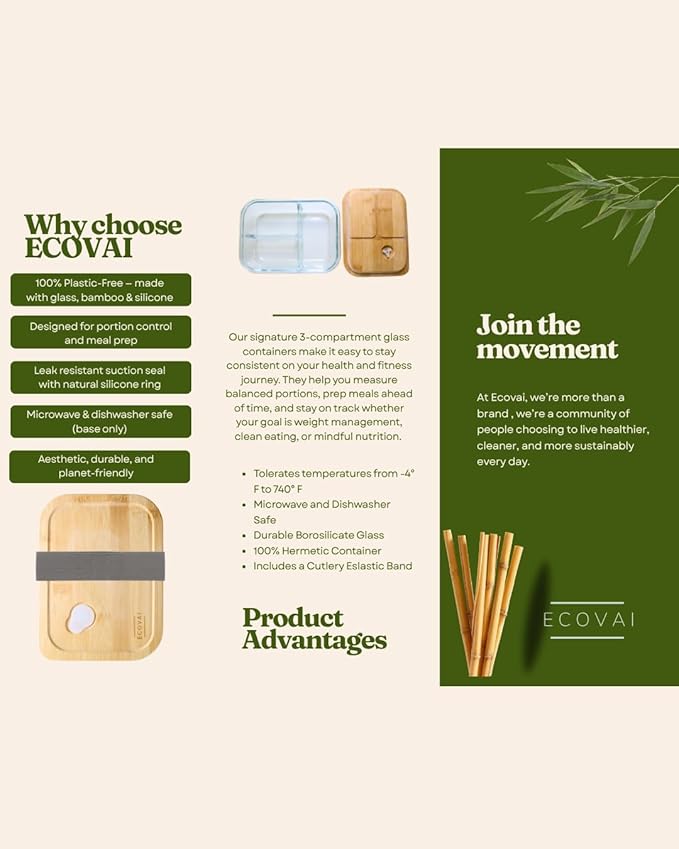 Glass Meal Prep Containers 3 Compartment with Bamboo Lids (2 Pack), Bento Box Lunch Container, Portion Control Food Storage, Borosilicate Glass, Microwave Safe (Base), Eco-Friendly