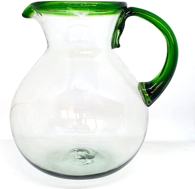 Emerald Green Rim 120 oz Large Bola Pitcher, Recycled Glass, Lead-free, Toxin-Free (Pitcher)