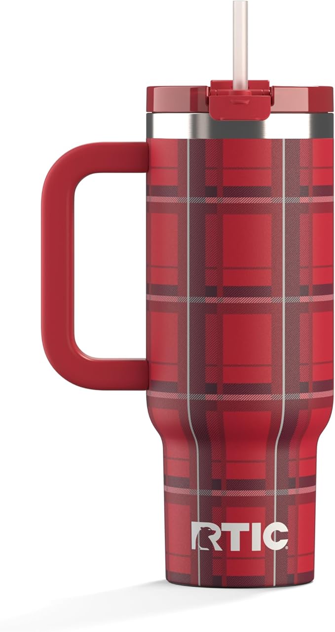 RTIC 30 oz Road Trip Tumbler Double-Walled Ceramic Lined InsulatedStainless Steel Portable Travel Coffee Mug Cup with Lid, Handle and Straw, Red Plaid