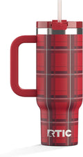 RTIC 30 oz Road Trip Tumbler Double-Walled Ceramic Lined InsulatedStainless Steel Portable Travel Coffee Mug Cup with Lid, Handle and Straw, Red Plaid