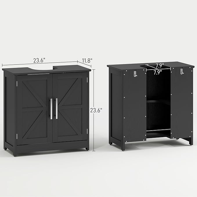 HOMCOM Pedestal Sink Storage Cabinet, Farmhouse Freestanding Bathroom Sink Cabinet with 2 Barn Doors and Adjustable Shelf, Distressed Black