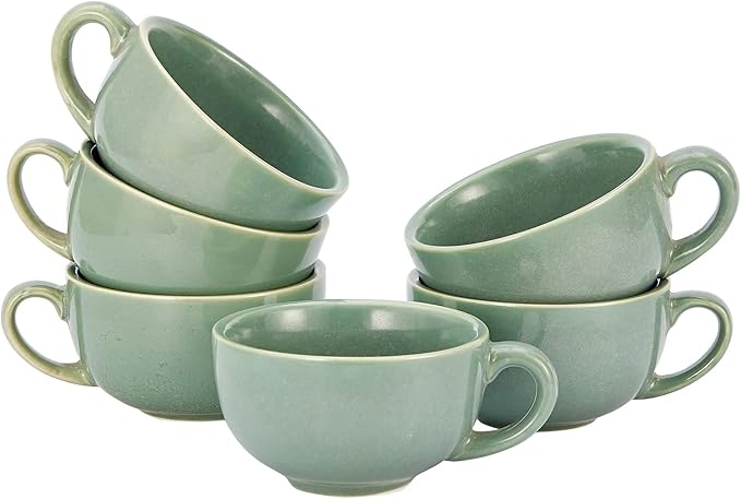 Coffeezone Set of 6 Cups Vintage Design 12 oz Professional Barista Ceramic Latte Art Cappuccino Cups Set (Green * 6)