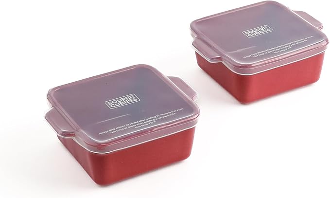 Souper Cubes Ceramic Baking Dishes 2.0-5" x 5" Baking Dishes with Silicone Lids, Individual Baking Dishes for Oven, Microwave, Oven and Air Fryer Safe, USA Made, Set of 2 - Cranberry
