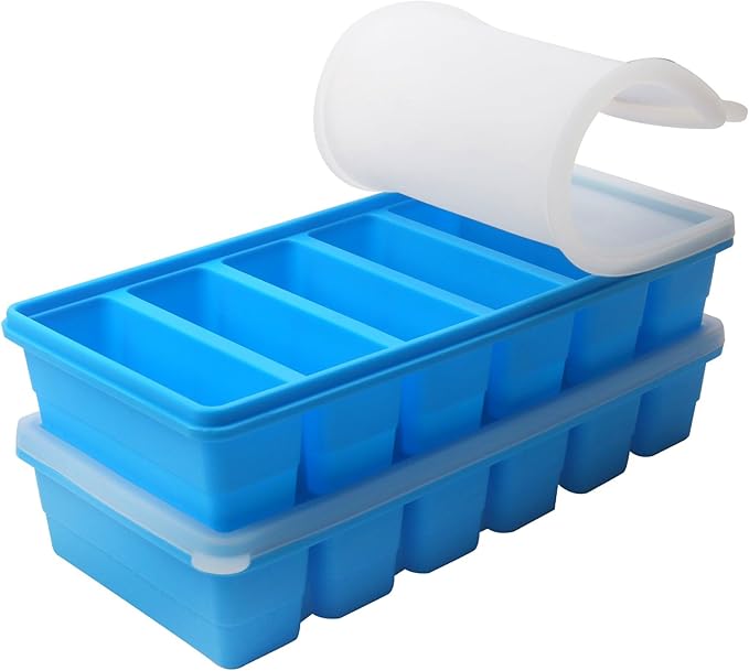 1/2 Cup Silicone Freezer Tray With Lid - Silicone Freezer Molds 2 Pack For meal prep & freezing of various sauces and other dishes, makes 12 perfect 1/2 cup portions cubes (Blue 2 Pack)