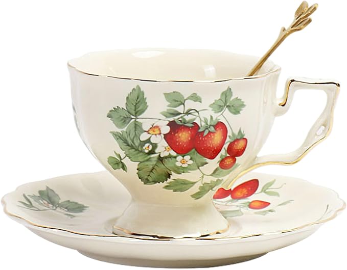 Porcelain Tea Cup and Saucer Set, 8.5 oz/250 ml Ceramic Coffee Mug with Saucer and Spoon, Vintage Coffee Cup with Gold Trim for Mom Women Mother's Day, Strawberry Pattern