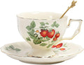 Porcelain Tea Cup and Saucer Set, 8.5 oz/250 ml Ceramic Coffee Mug with Saucer and Spoon, Vintage Coffee Cup with Gold Trim for Mom Women Mother's Day, Strawberry Pattern
