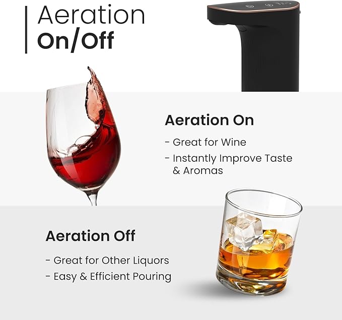 Electric Liquor Dispenser with Wine Aerator - Adjustable Alcohol Output 1-999mL - Smart Whiskey Pourer Pump - Long Battery Life - LED Touch Screen - Birthday Gift for Men Women (Black)