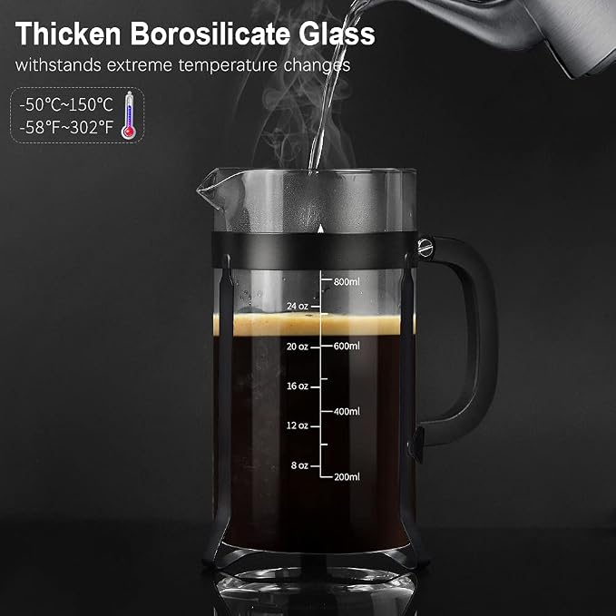 QUQIYSO French Press Coffee Maker 304 Stainless Steel French Press with 4 Filter, Heat Resistant Durable, Easy to Clean, Borosilicate Glass Coffee Press, 100% BPA Free Glass Teapot,34 ounce, Black
