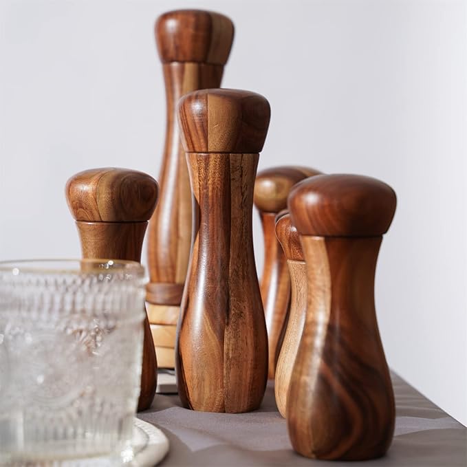 Salt and Pepper Grinder Set with Mill Tray, Set of 2 Salt and Pepper Mill with Ceramic Grinder Acacia Wood, Height 20.5 cm, Dia 6 cm