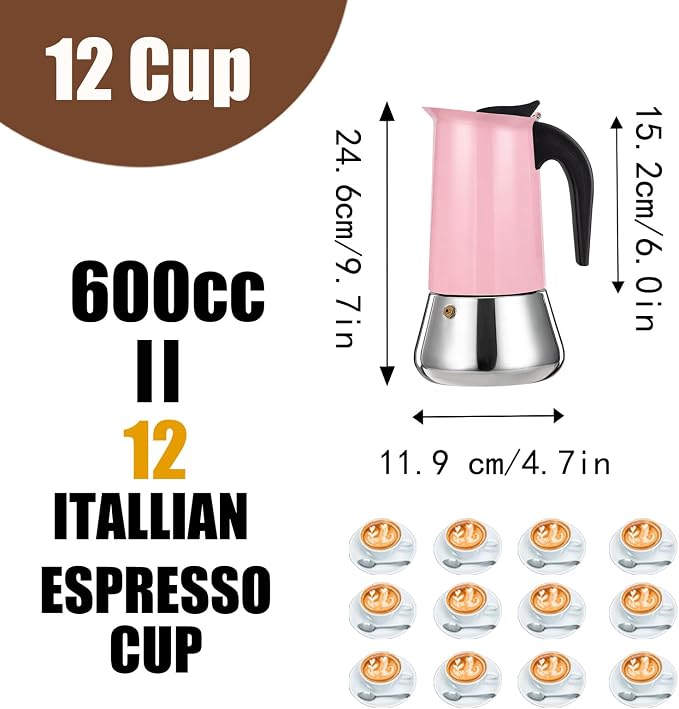 12 Cup Stovetop Espresso Maker Stainless Steel Moka Pot Stove Top Percolator Italian Coffee Makers Capable Mocha Greca Machine Cafe Classic Induction Cookers for Home and Camping 600ml 20oz