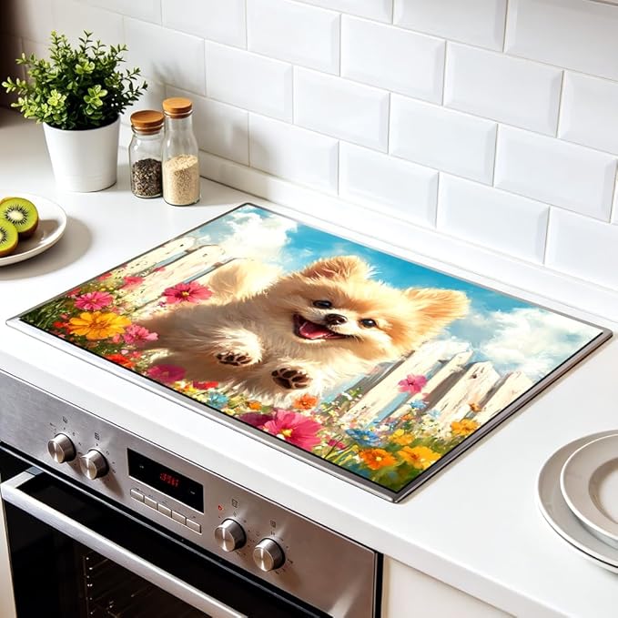 Stove Top Cover for Electric Stove 28.35 x 20.47 Inch Non Slip Stove Mat Pomeranian Puppy Floral Glass Cooktop Protector Kitchen Counter Mat