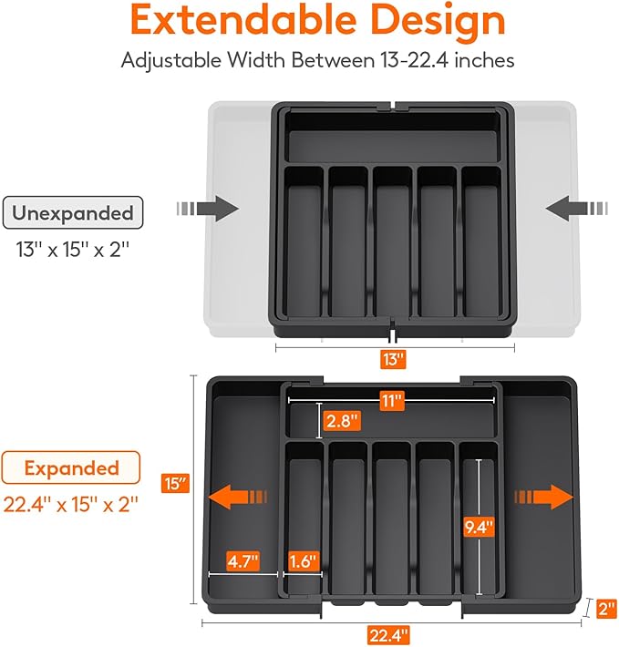 Lifewit Silverware and Cooking Utensil Drawer Organizer Set – Expandable Adjustable Plastic Storage for Cutlery, Flatware, Spoons, Forks, Knives, and Kitchen Tools, BPA-Free, Black