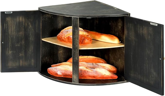 HOMEKOKO Double Layers Bamboo Corner Bread Box for Kitchen Counter, Vintage Wooden Large Capacity Bamboo Bread Food Storage Bin (Vintage Black)