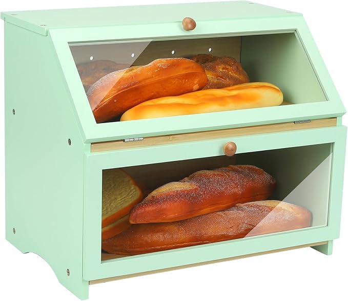 HOMEKOKO Double Layer Large Bread Box for Kitchen Counter, Wooden Large Capacity Bread Storage Bin (Mint Green)