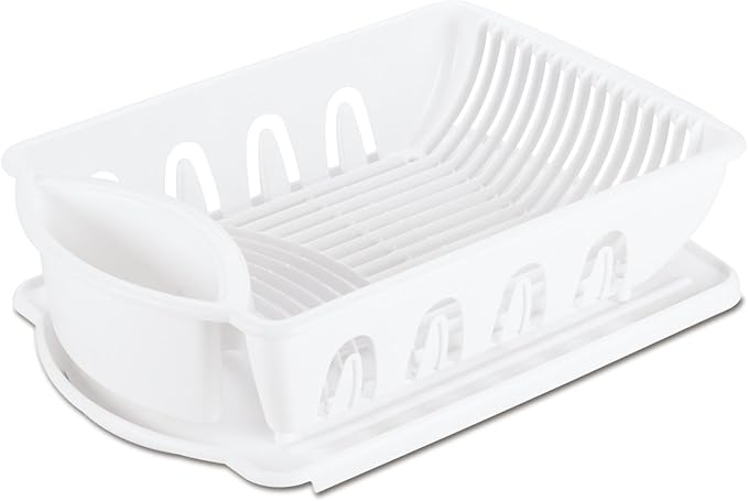 Sterilite Large 2 Piece Sink Set, with Drainboard for Drying, Holds Clean Dishes in the Kitchen such as Plates, Cups, and Silverware, White, 6-Pack