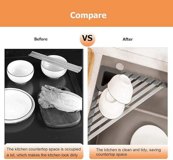 2 Packs Collapsible Triangle Dish Drying Rack for Sink Corner, Multipurpose Anti-Slip Over The Sink Dish Drainer Mat for Kitchen(Gray,Large)