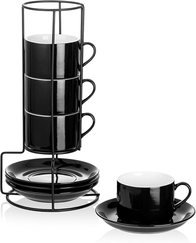 Cappuccino Cups Set of 4, 8oz Stackable Coffee Cups Set with Saucers and Metal Stand, Black Coffee Mugs and Saucers for Cappuccino, Latte, Americano and Tea