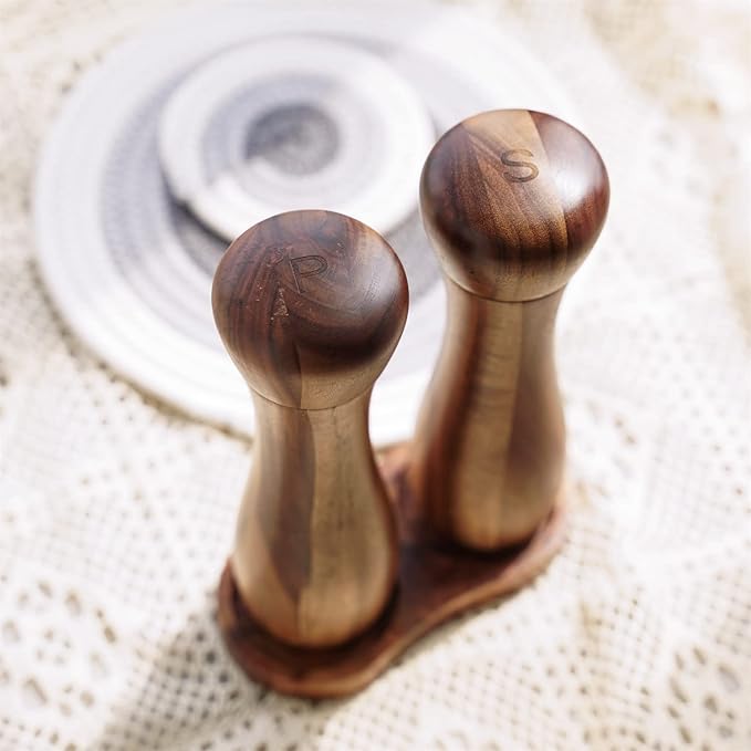 Salt and Pepper Grinder Set with Mill Tray, Set of 2 Salt and Pepper Mill with Ceramic Grinder Acacia Wood, Height 20.5 cm, Dia 6 cm
