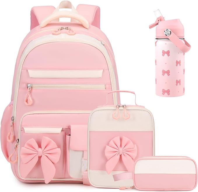 DIGOBAY Girls Backpack - Includes 14oz Insulated Water Bottle, Girls School Backpack Set with Lunch Bag & Pencil Case Teens for School (Pink)