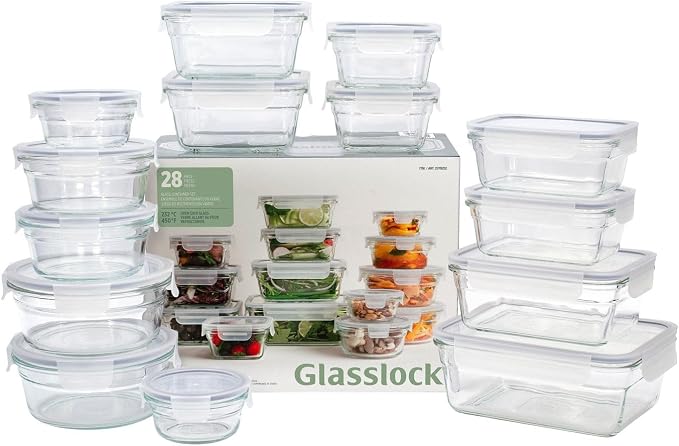 Glasslock Transparent 28 Piece Small Oven and Microwave Safe Glass Food Storage Containers Set for Small Snack and Meals with Removable Lids, Clear