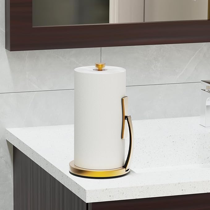VEHHE Gold Paper Towel Holder Countertop, One-Handed Tear, Stainless Steel, Stand Paper Towel Holder with Spring Activated Arm & Non Slip Weighted Base, for Kitchen Bathroom