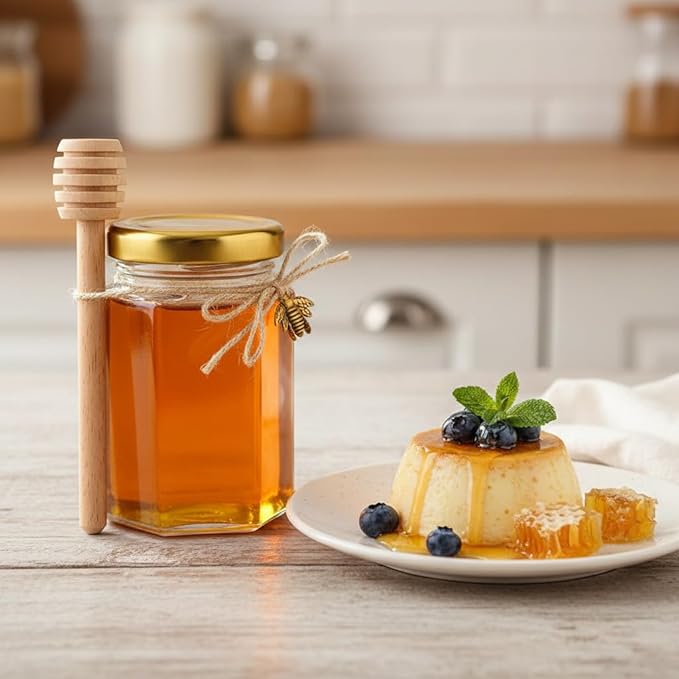Adabocute Honey Pot, Glass Honey Jars with Wood Dipper, Gold Lid, Bee Charms, Gold Organza Bags, Thank-you Tags, Ideal for Bee Party Favors, 4oz 12 Pack