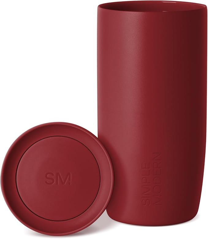 Simple Modern Travel Coffee Mug Tumbler with 360° Lid | Ceramic-Lined Insulated Stainless Steel Cold Brew Iced Coffee Cup | Gift for Women Men Her | Voyager Signature | 16oz | Red Onyx