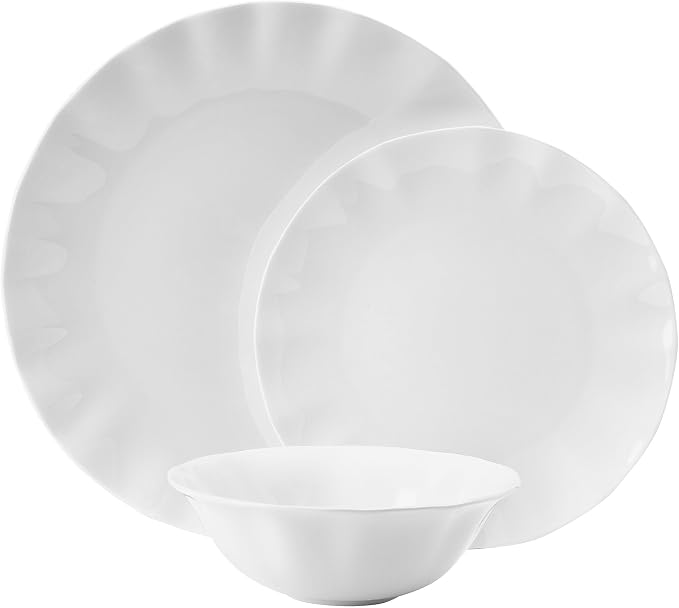 Mikasa Elodie Scalloped 12 Piece Bone China Durable Chip Resistant Lightweight Dinnerware Set, Service for 4, White