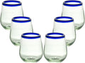 Cobalt Blue Rim Hand Blown Stemless Wine Glasses Set of 6 | 16 oz Mexican Glassware | Hand blown Mexican Drinking Glasses for Wine, Cocktails & Tequila