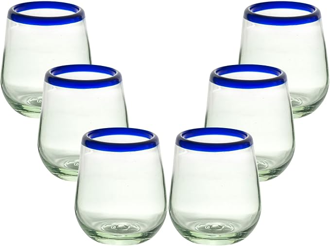 Cobalt Blue Rim Hand Blown Stemless Wine Glasses Set of 6 | 16 oz Mexican Glassware | Hand blown Mexican Drinking Glasses for Wine, Cocktails & Tequila