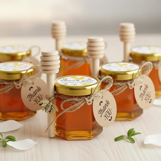 Adabocute Mini Honey Jars - Honey Pot With Honey Dipper, Bee Pendants, Jutes, Tags and Gold Organza Bags - Perfect For Baby Shower Favors, Party Favors and Wedding Favors, 40 Pack 1.5oz