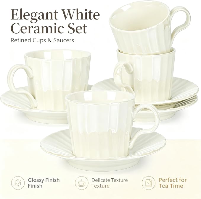 Ceramic Coffee Cup, 8 oz Cappuccino Cups with Saucers, Coffee Cup Set for 4, Pearl Glaze Coffee Cup and Saucer Set for Latte, Mocha, Tea, Café, Dishwasher and Microwave Safe (Pearl White / 200 ml)