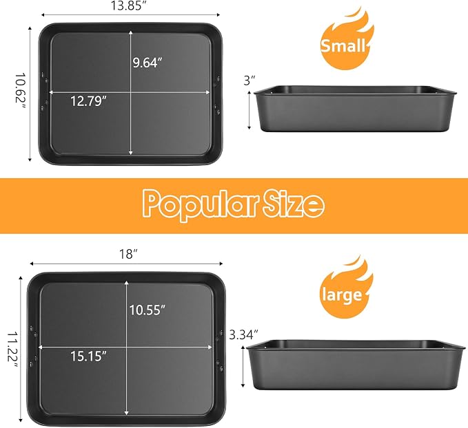 Lasagna Pan 3 Inch Deep, 2 Pcs 13.7"16" Baking Pan for Oven, Roasting Pans with Handles, Nonstick Rectangle Cake Pans, Heavy Duty, Dishwasher Safe, Dark Grey