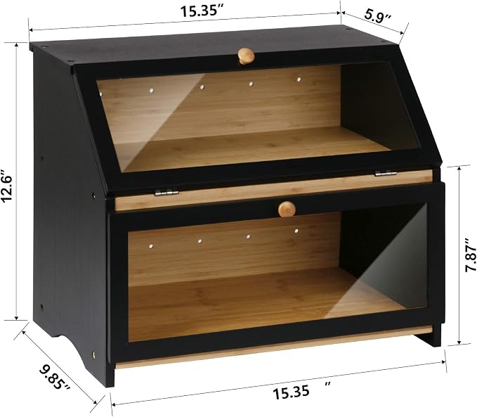 HOMEKOKO Double Layer Large Bread Box, Wooden Bread Storage Bin, Black | Large Capacity, For Kitchen Counter, See Through, Easy Assembly