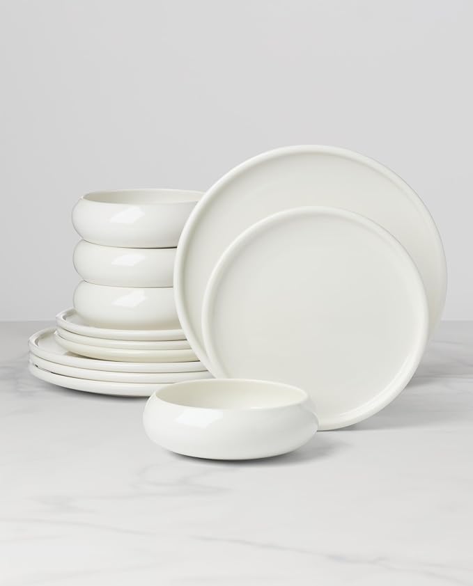 Oneida Dinnerware Sets, Quirk 12-Piece Dinnerware Set, Set for 4, Service For 4, Porcelain Material, Dishwasher & Microwave Safe, Plates And Bowls, Dinner Dishes, Kitchen And Dining (White, 12 Piece)