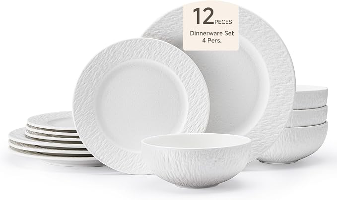 KINGSTONE Dinnerware Sets, 12-Piece Matte Marble Pattern Premium Porcelain dishes set, Plates and Bowls Sets for 4, Place Setting with Dinner Plate, Salad Plate, Pasta Bowl (White)