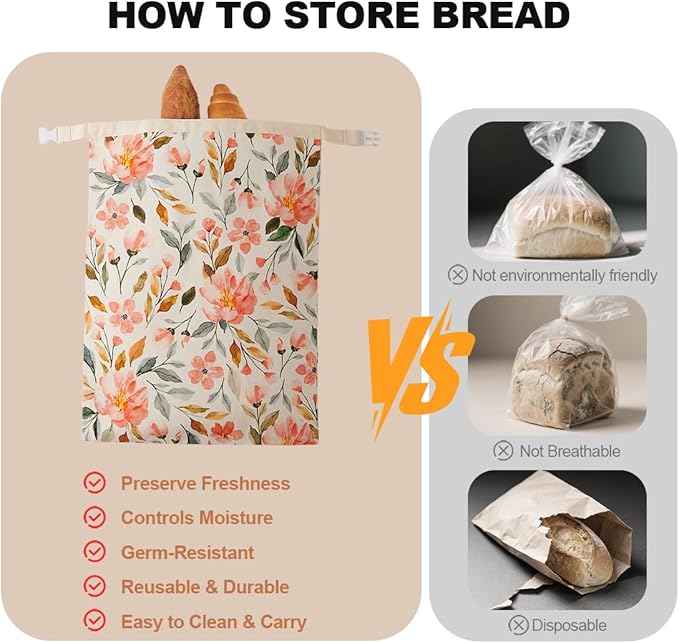 Beeswax Bread Bag, 2 Pack Sourdough Bread Bags, Reusable Bread Bags for Homemade Bread, Organic Cotton Beeswax Sourdough Bags, Wildwood Bloom Series