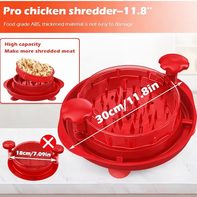 Premium Manual Food Shredder, Chicken Crusher Tool, Large Standard Size, PowerPull Chicken Grinder, Pork & Beef, KitchenPro Chicken Shredder Tool (Red)
