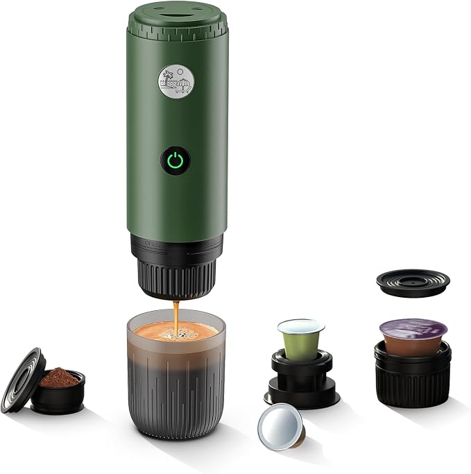 3 in 1 Portable Electric Espresso Machine for Nespresso Capsule, Travel Coffee Maker with Ground Coffee for Camping, RV, Hiking, Office,Car Coffee Maker Self-Heating with USB-C (Green)