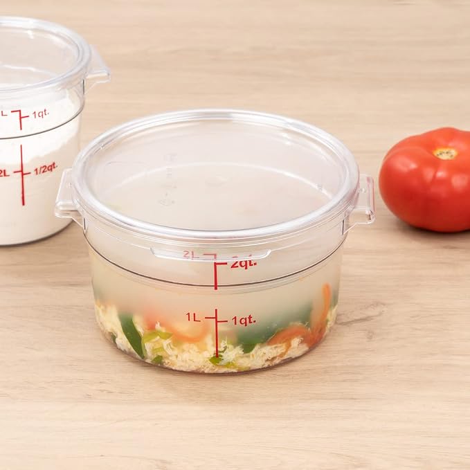 Restaurantware Met Lux 2 Quart Food Storage Container, 1 Round Commercial Storage Container - Lid Sold Separately, With Volume Markers, Clear Plastic Food Prep Bucket, Space-Saving Storage