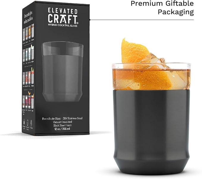 Elevated Craft Hybrid Rocks Glass Premium Vacuum Insulated Steel Base with Removable Insert - 12oz Cocktail Glass, Double Old Fashioned Lowball for Margaritas, Bourbon, Whiskey - Gunmetal Black